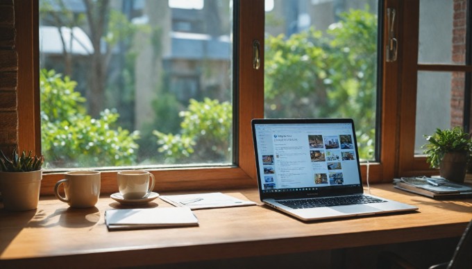 A professional-looking workspace featuring a laptop with the Google Play Store open, surrounded by tech gadgets and a coffee cup.