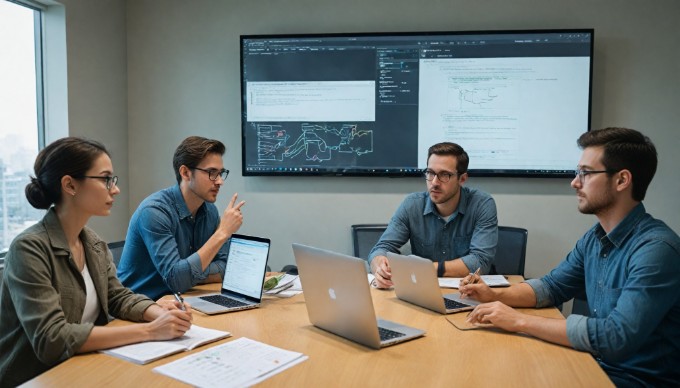 A team meeting discussing Gradle features for Android development, with charts and laptops on the table.