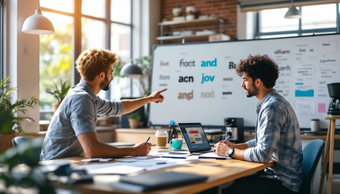 A graphic designer collaborating with a colleague on typography in a bright workspace.