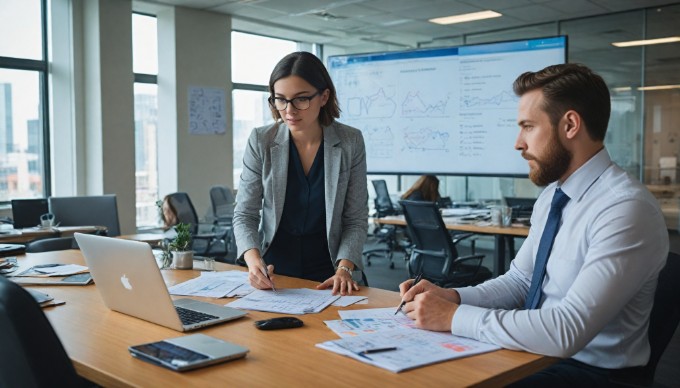 Two professionals discussing hybrid cloud solutions in a modern office setting.