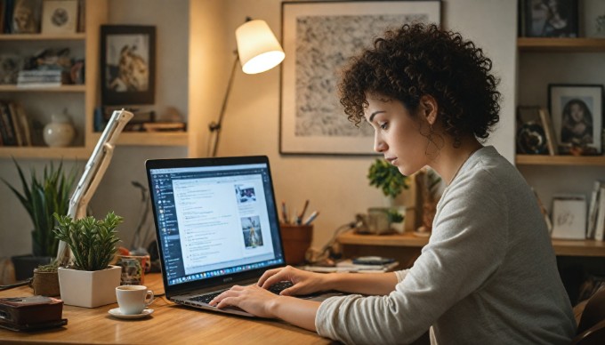 A person resizing images on a laptop, with tools and plugins visible on the screen, in a cozy workspace.