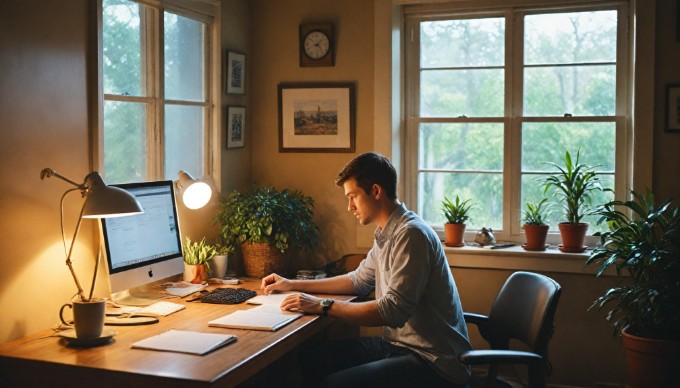 A focused individual installing the Magento WordPress plugin on a computer in a cozy workspace.