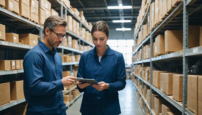 A person managing inventory in a warehouse, checking stock levels on a tablet while standing next to shelves filled with boxes.