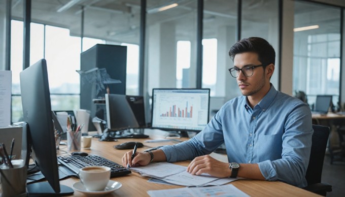 A focused IT specialist working on database migration at a desk in a tech office.