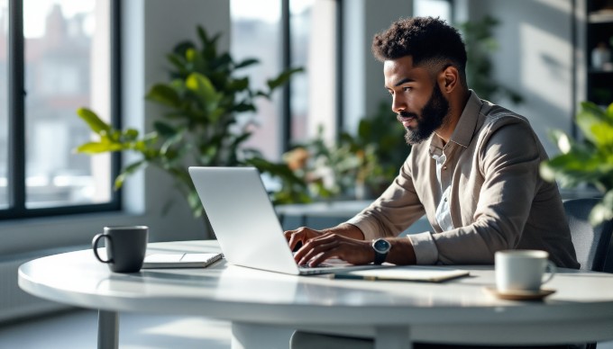 A focused individual reviewing landing page designs on a laptop in a modern office setting.