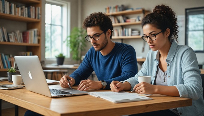 A professional setting with two individuals collaborating over a laptop, discussing Magento 2 extensions.