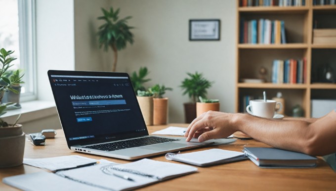 A close-up view of a person reviewing Magento add-ons on a laptop in a modern workspace.