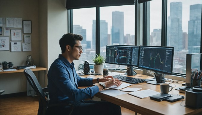 A person focused on optimizing a computer in a modern office setting.