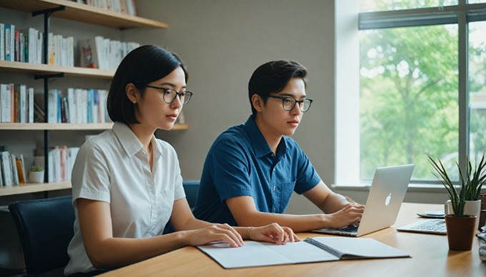 A professional setting showing two individuals collaborating on a laptop, with a notepad and coffee cup on the table.