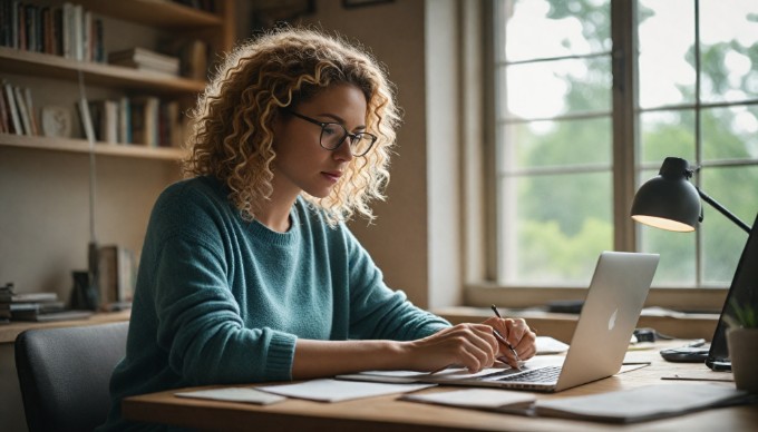 A person configuring settings on a Magento ecommerce platform on a laptop in a cozy workspace.