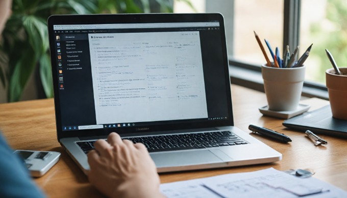 A close-up of a computer screen displaying a Magento dashboard, with a person analyzing data in a modern workspace.