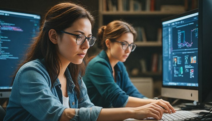 A close-up of a developer customizing an online store using Magento design software on a computer.