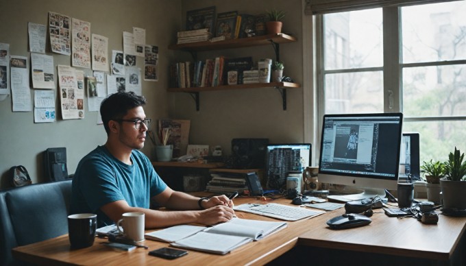 An individual programming on a computer in a cozy workspace, focusing on Magento development tasks.