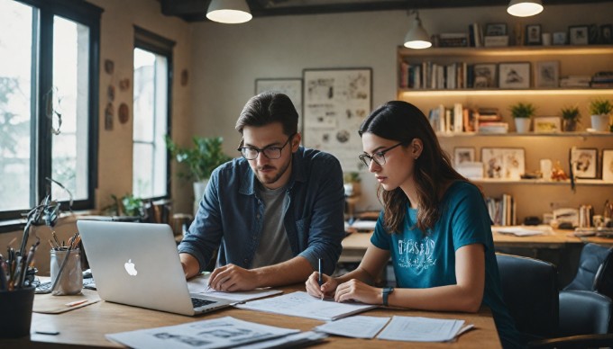 A professional setting with two people collaborating on a Magento eCommerce website project at a desk, surrounded by laptops and design sketches.