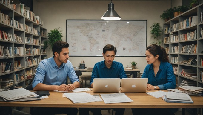 A professional setting with two people discussing Magento extensions over a laptop, surrounded by documents and a coffee cup.