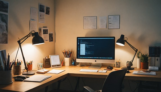 A developer working on a computer in a minimalist workspace, analyzing code related to Magento.