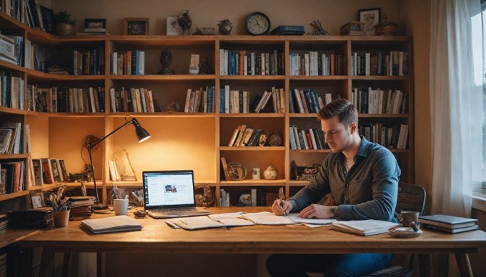 A focused individual examining Magento hosting options on a laptop in a cozy workspace with a notepad and coffee.