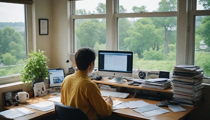 A professional setting with a person focused on a computer screen, surrounded by migration-related documents and tools.