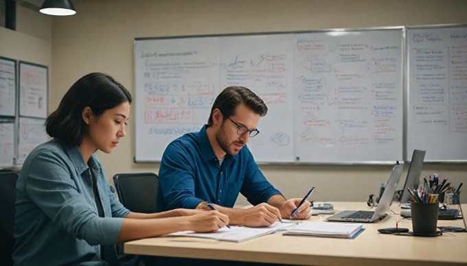 A professional setting with two people collaborating on optimizing a website, analyzing data on computer screens with focused expressions.