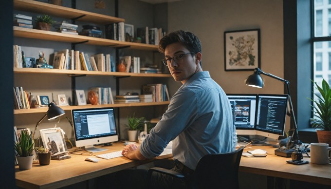 A person reviewing Magento performance metrics on a computer screen in a bright office space.