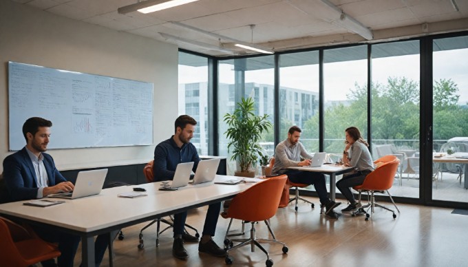 A group of diverse professionals collaborating on a Magento project in a bright office.