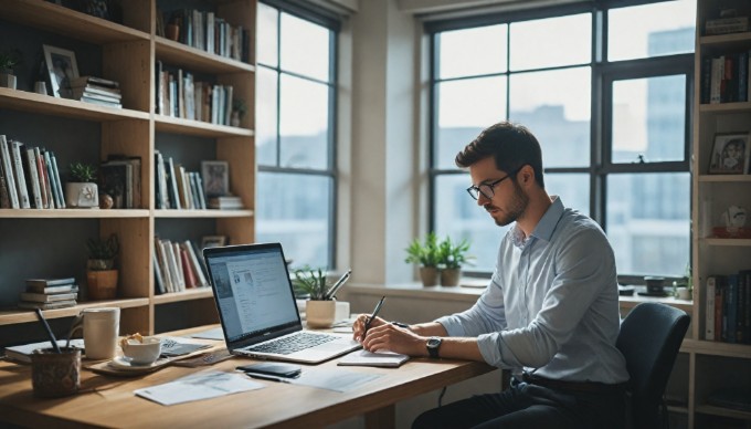 A professional looking at a laptop with graphs on the screen, analyzing eCommerce performance in an office setting.