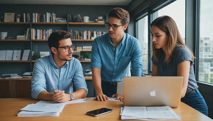 A professional setting with two individuals discussing Magento strategies at a desk with a laptop and documents.