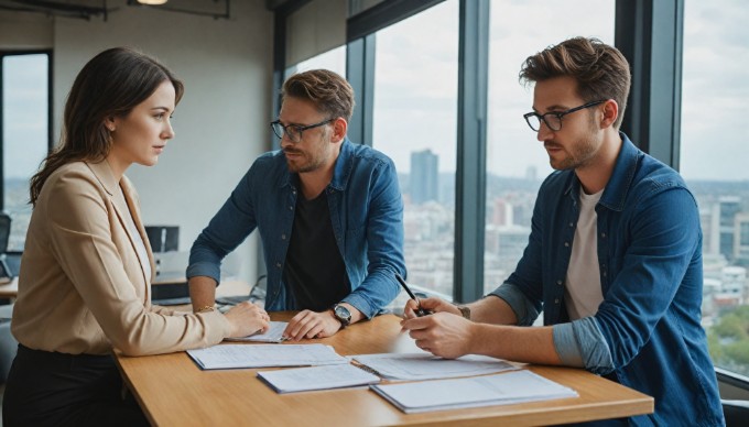 A professional team collaborating on an eCommerce project using Magento software at a modern office desk.