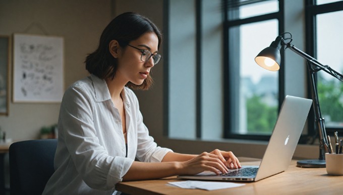 A professional setting showing a person customizing a Magento theme on a laptop with design tools on the screen.