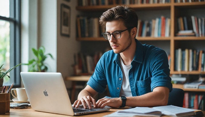 A professional setting showcasing a developer customizing a Magento theme on a laptop at a modern office desk.