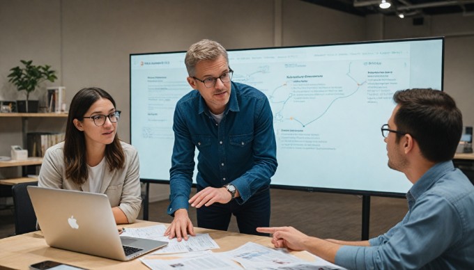 Two individuals discussing Magento theme installation in a collaborative workspace.