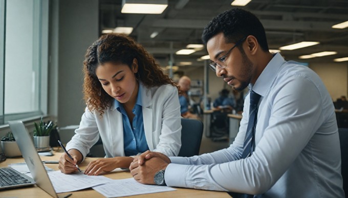 A professional setting with two diverse individuals collaborating over a laptop, surrounded by notes and eCommerce graphics on the wall.