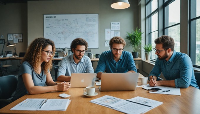 A professional setting with a diverse group of people collaborating on a Magento web hosting project, discussing on a laptop with charts and graphs visible.