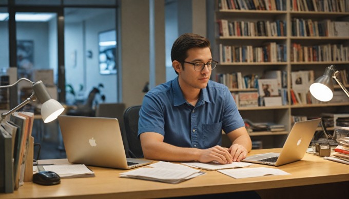 A professional setting showing a person working on a laptop with Mailchimp and Magento interfaces visible on the screen.