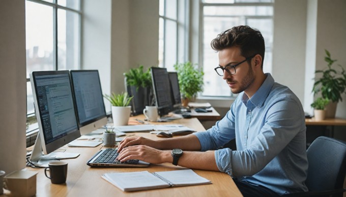 An individual managing content on Umbraco CMS in a bright office environment.