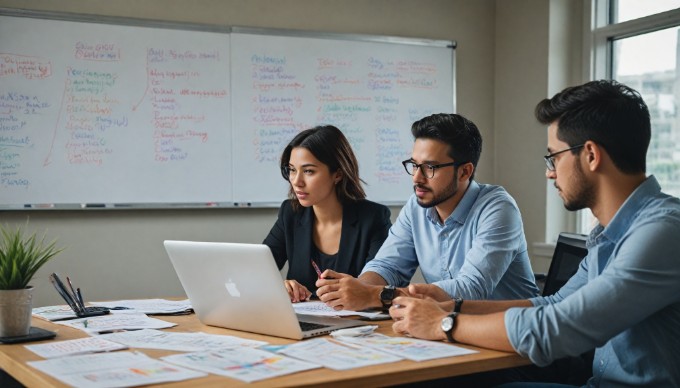 A professional setting showing a diverse group of marketers collaborating over a digital marketing strategy on a laptop.