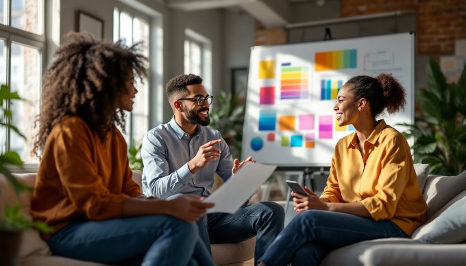 A marketing team discussing color psychology strategies in a collaborative workspace.