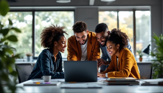 A team of diverse professionals collaborating on a design project using Material Design principles in a modern office environment.