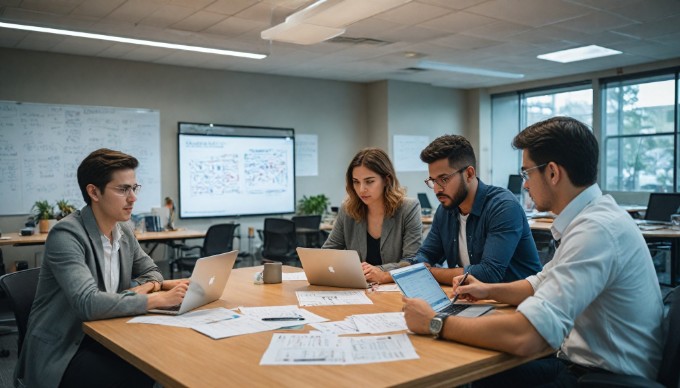 A team of diverse professionals discussing microservices architecture in a modern office setting.