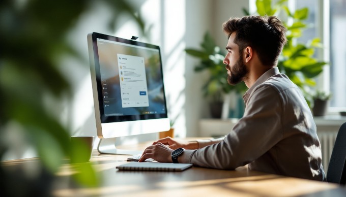 A professional workspace showcasing a minimal user interface design on a computer screen with a person analyzing the layout.