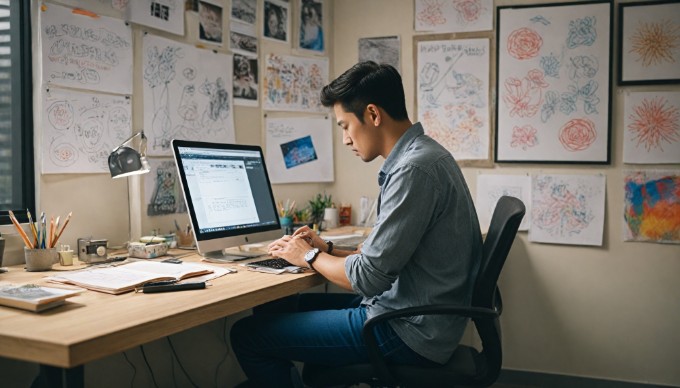 A mobile app designer working on a prototype at a stylish workspace.