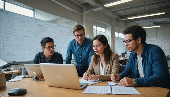 A team of diverse professionals collaborating on mobile app testing in a modern office setting.