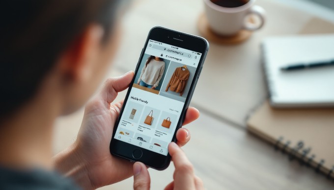 A mobile-friendly e commerce website displayed on a smartphone in a casual work environment.