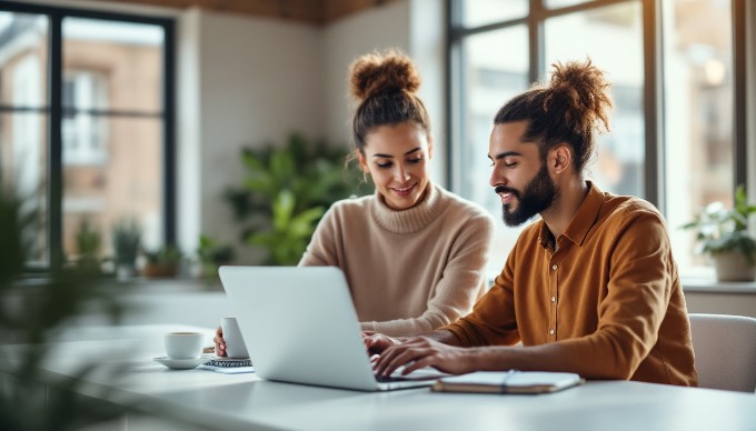 A professional setting where two individuals are collaborating on a mobile design project, focusing on a laptop screen.