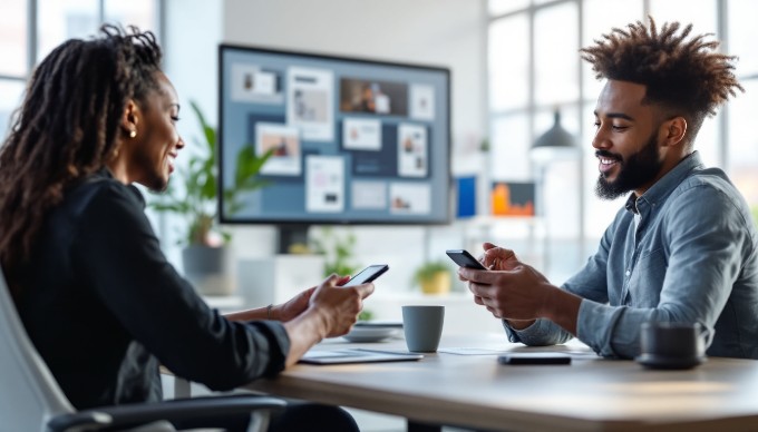 A user testing session for mobile-first design with two participants observing and interacting with mobile devices.