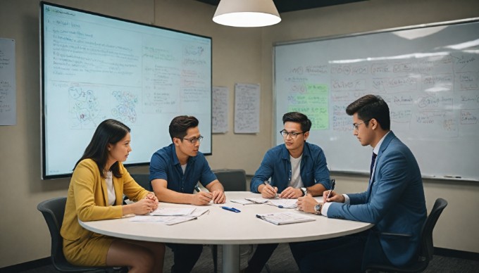 Two individuals discussing mobile optimization strategies in a collaborative workspace.