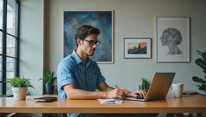 A person browsing a mobile Shopify store on a smartphone at a modern desk.