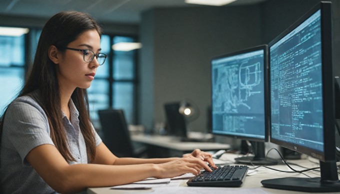 An IT professional monitoring database security on a computer screen in an office environment.