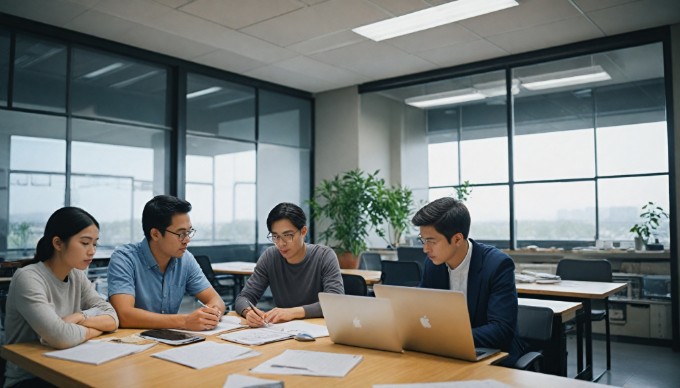 A diverse group of developers collaborating on a project with laptops in a modern office setting.