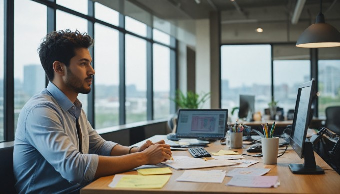 A developer focused on coding a native mobile app at a modern workspace with dual monitors.